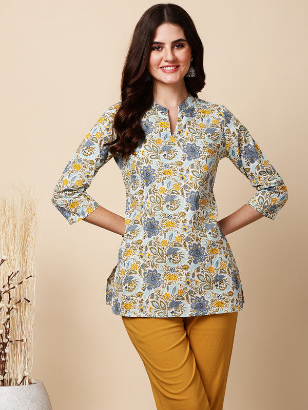 Antaran Blue Pure Cotton Printed Tunic | Grocsy