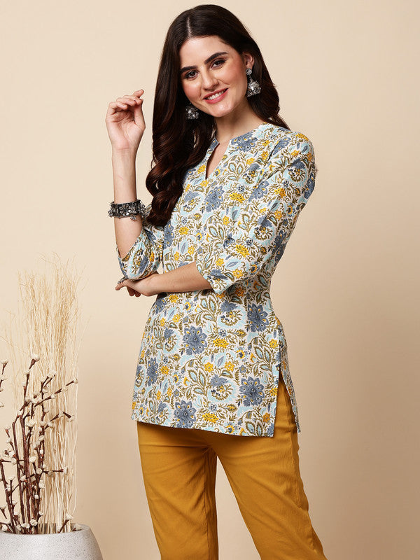 Antaran Blue Pure Cotton Printed Tunic | Grocsy