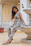 Antaran Beige Pure Cotton Marble Printed Co Ord Set With Tie On Waist | Grocsy