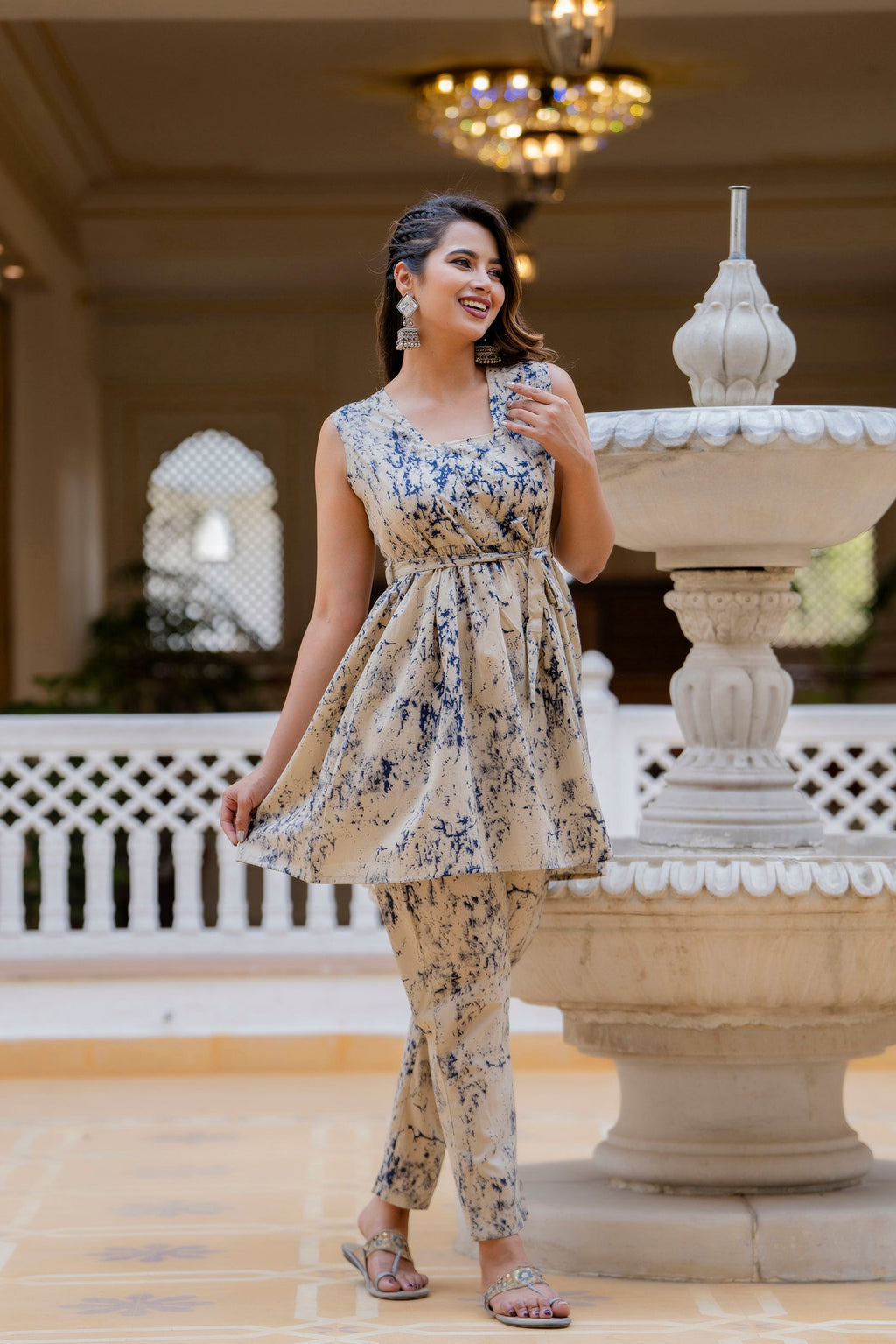 Antaran Beige Pure Cotton Marble Printed Co Ord Set With Tie On Waist | Grocsy