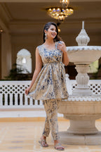 Antaran Beige Pure Cotton Marble Printed Co Ord Set With Tie On Waist | Grocsy