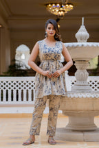 Antaran Beige Pure Cotton Marble Printed Co Ord Set With Tie On Waist | Grocsy