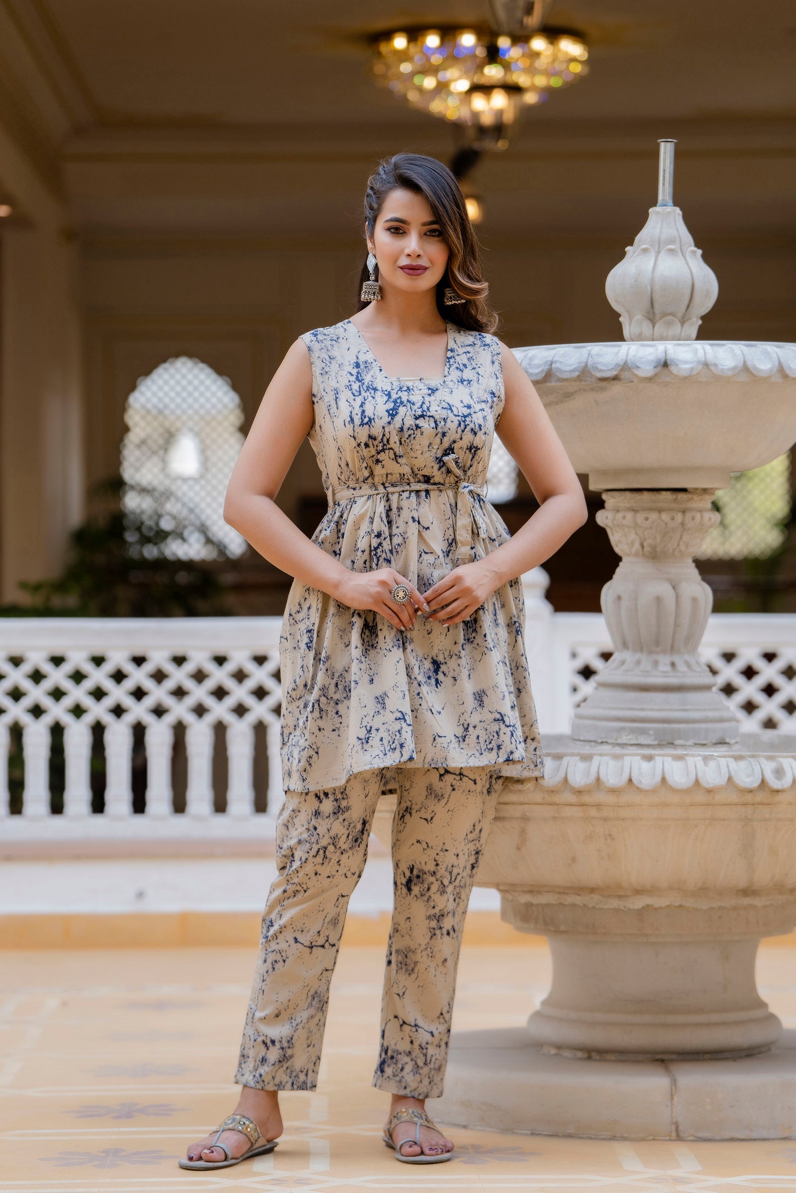 Antaran Beige Pure Cotton Marble Printed Co Ord Set With Tie On Waist | Grocsy