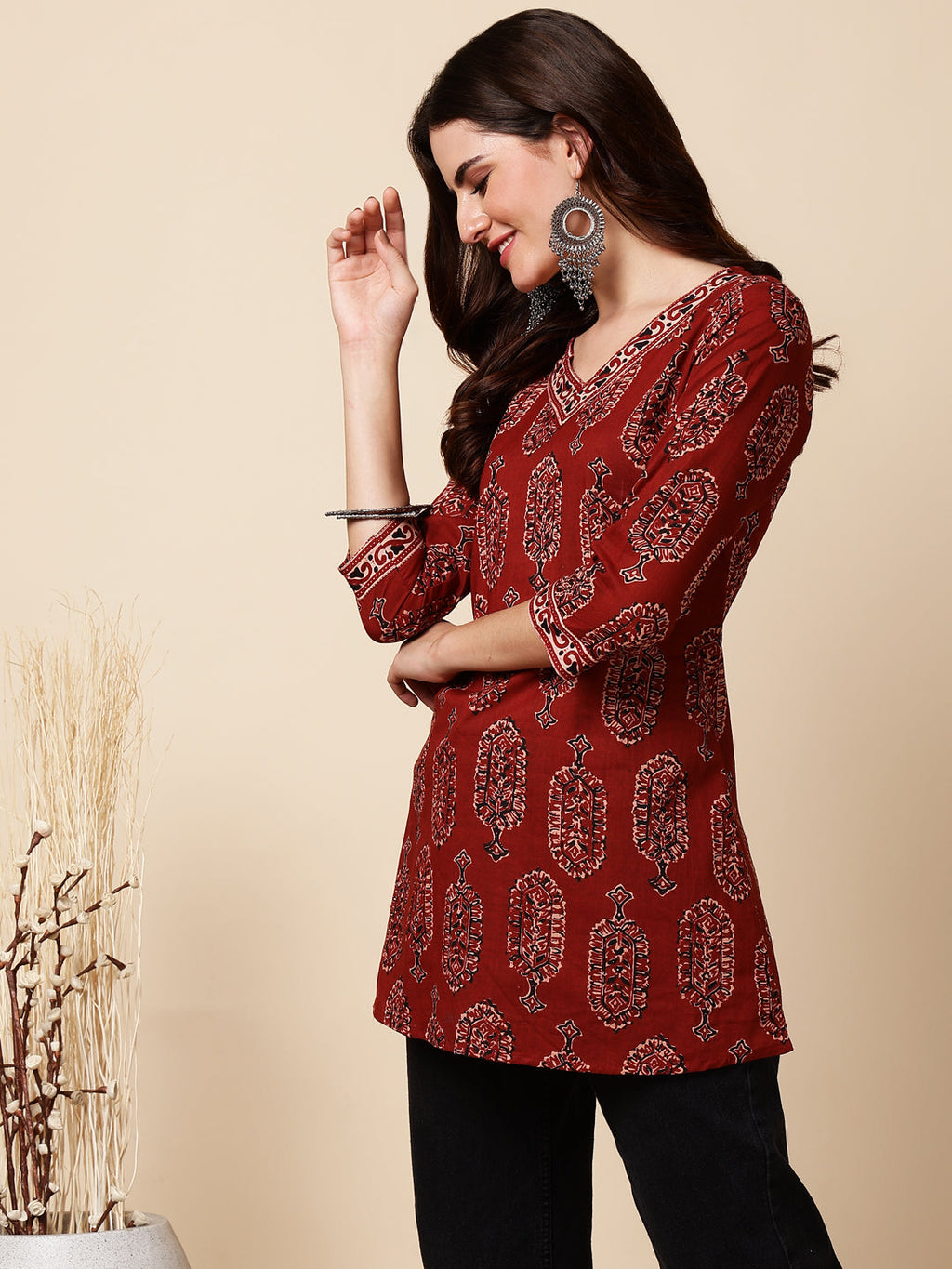 Antaran Maroon Pure Cotton Maroon Printed Tunic | Grocsy