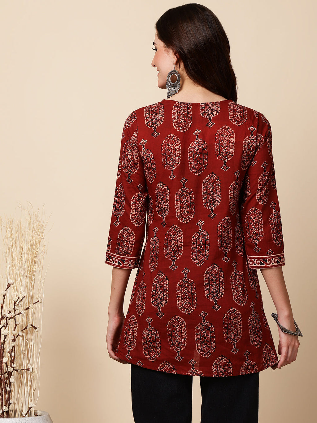 Antaran Maroon Pure Cotton Maroon Printed Tunic | Grocsy