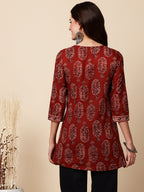 Antaran Maroon Pure Cotton Maroon Printed Tunic | Grocsy