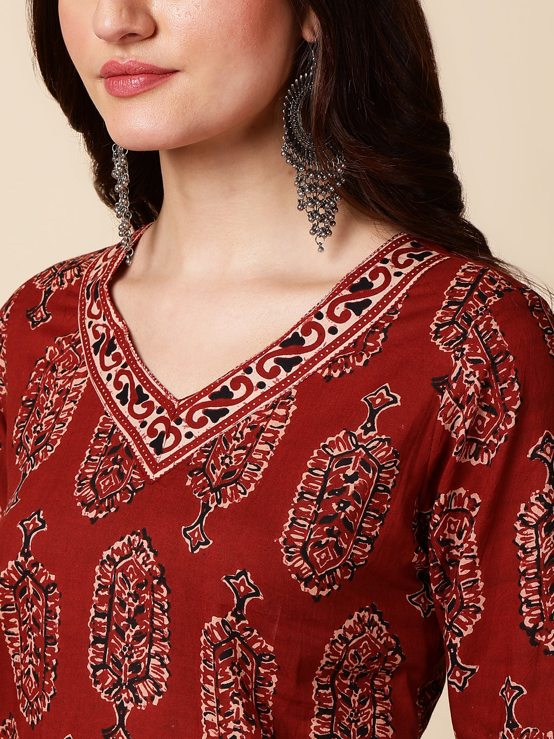 Antaran Maroon Pure Cotton Maroon Printed Tunic | Grocsy
