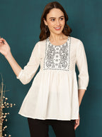 Antaran White Pure Cotton Embellished Tunic | Grocsy