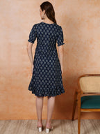 Antaran Blue Pure Cotton Flared Printed Dress | Grocsy