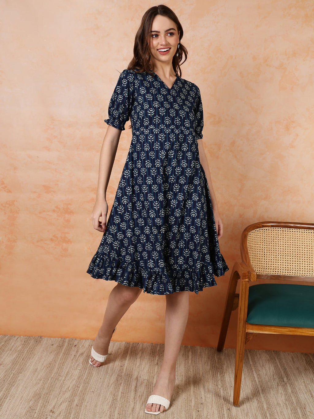 Antaran Blue Pure Cotton Flared Printed Dress | Grocsy