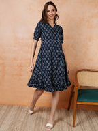 Antaran Blue Pure Cotton Flared Printed Dress | Grocsy