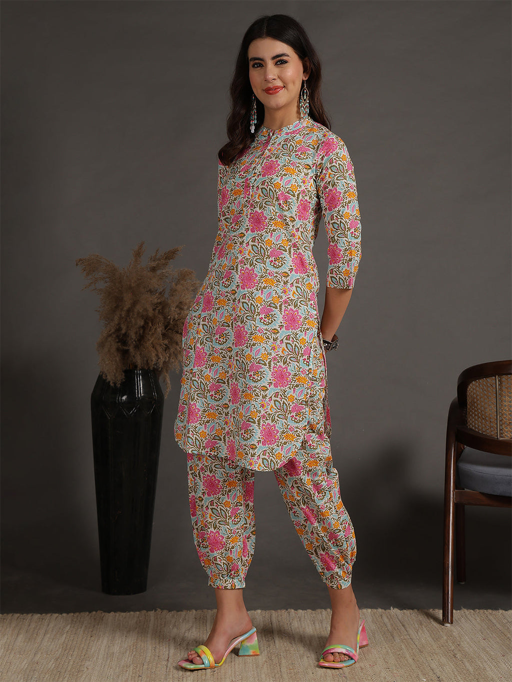 Antaran Sky Blue Pure Cotton Floral Printed Co Ord Set | Grocsy