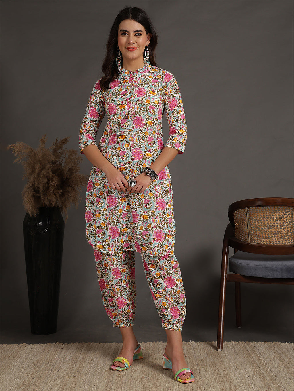 Antaran Sky Blue Pure Cotton Floral Printed Co Ord Set | Grocsy