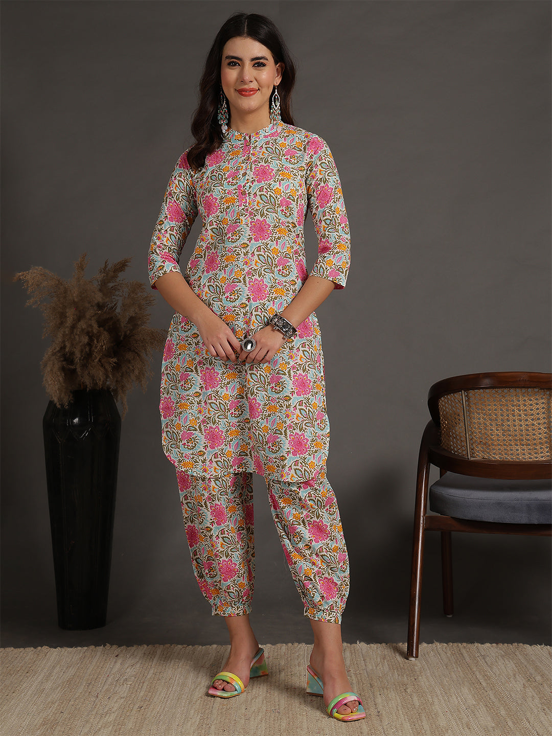 Antaran Sky Blue Pure Cotton Floral Printed Co Ord Set | Grocsy