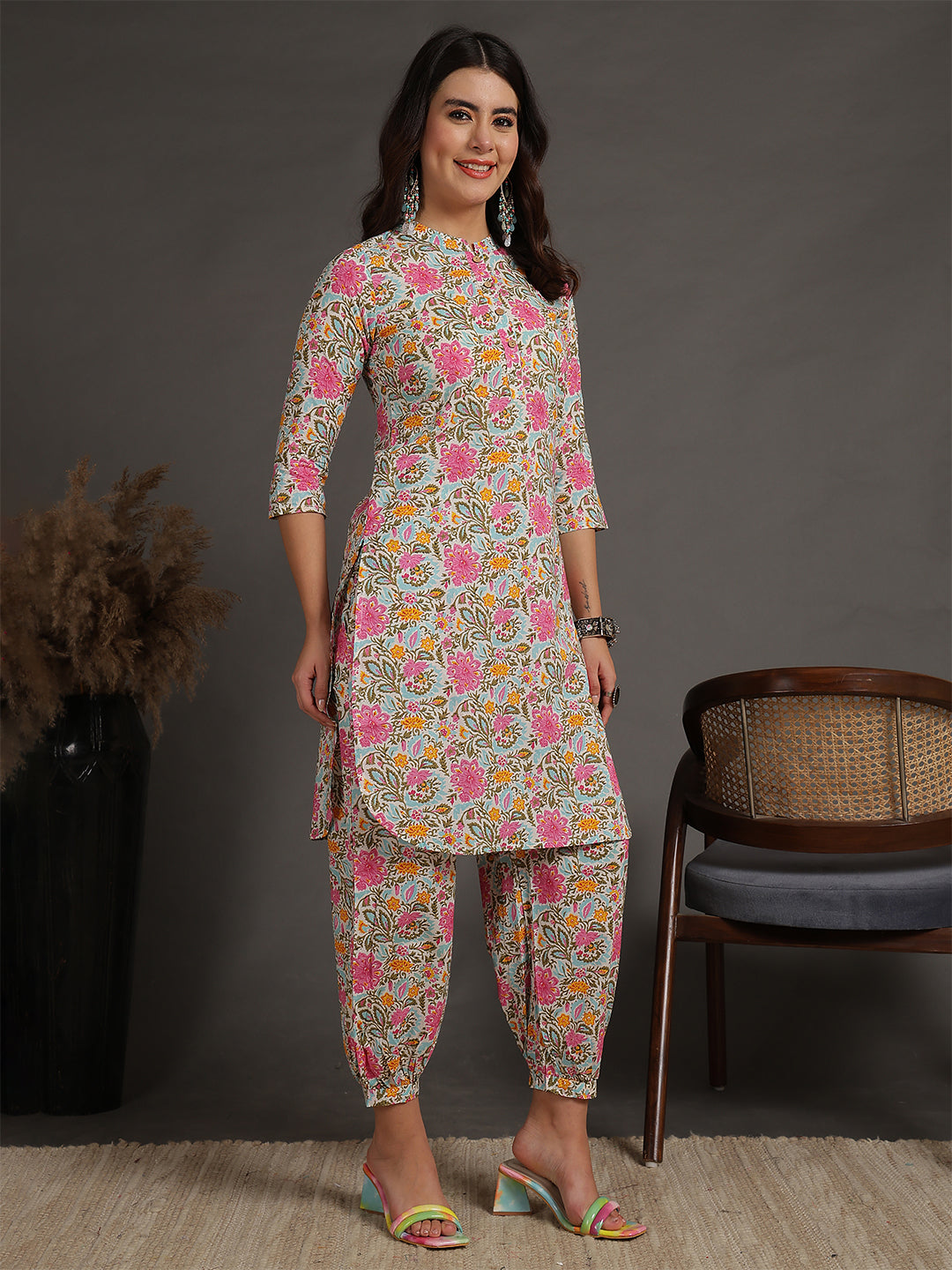 Antaran Sky Blue Pure Cotton Floral Printed Co Ord Set | Grocsy