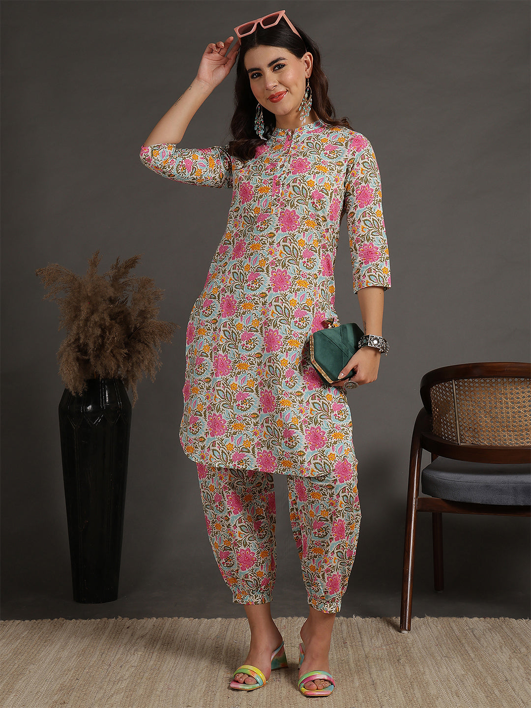Antaran Sky Blue Pure Cotton Floral Printed Co Ord Set | Grocsy