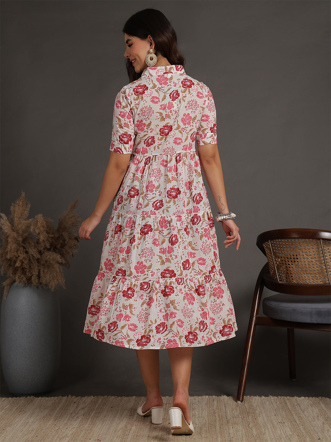Antaran White Pure Cotton Tiered Floral Printed Dress | Grocsy