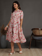 Antaran White Pure Cotton Tiered Floral Printed Dress | Grocsy