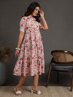 Antaran White Pure Cotton Tiered Floral Printed Dress | Grocsy