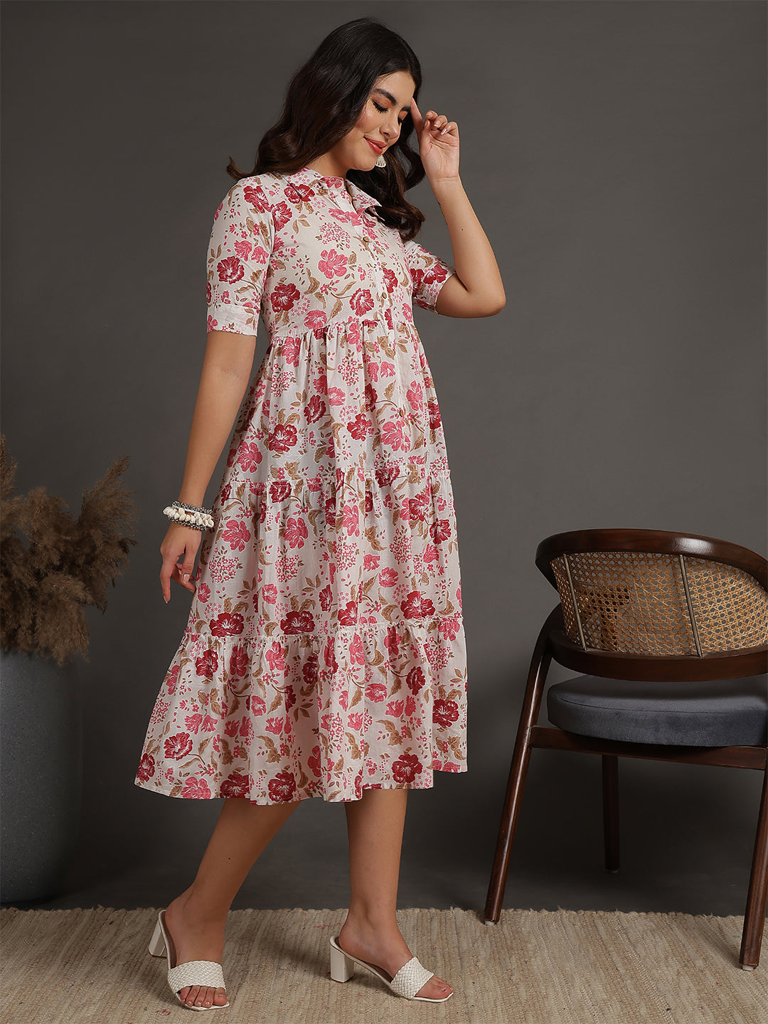 Antaran White Pure Cotton Tiered Floral Printed Dress | Grocsy