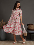 Antaran White Pure Cotton Tiered Floral Printed Dress | Grocsy