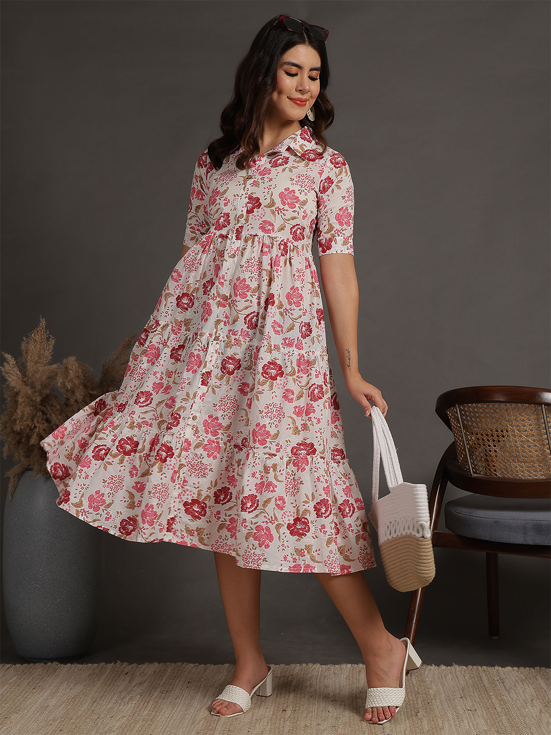 Antaran White Pure Cotton Tiered Floral Printed Dress | Grocsy