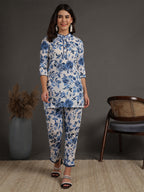 Antaran White Pure Cotton Printed Cord Set With Lace Detail | Grocsy