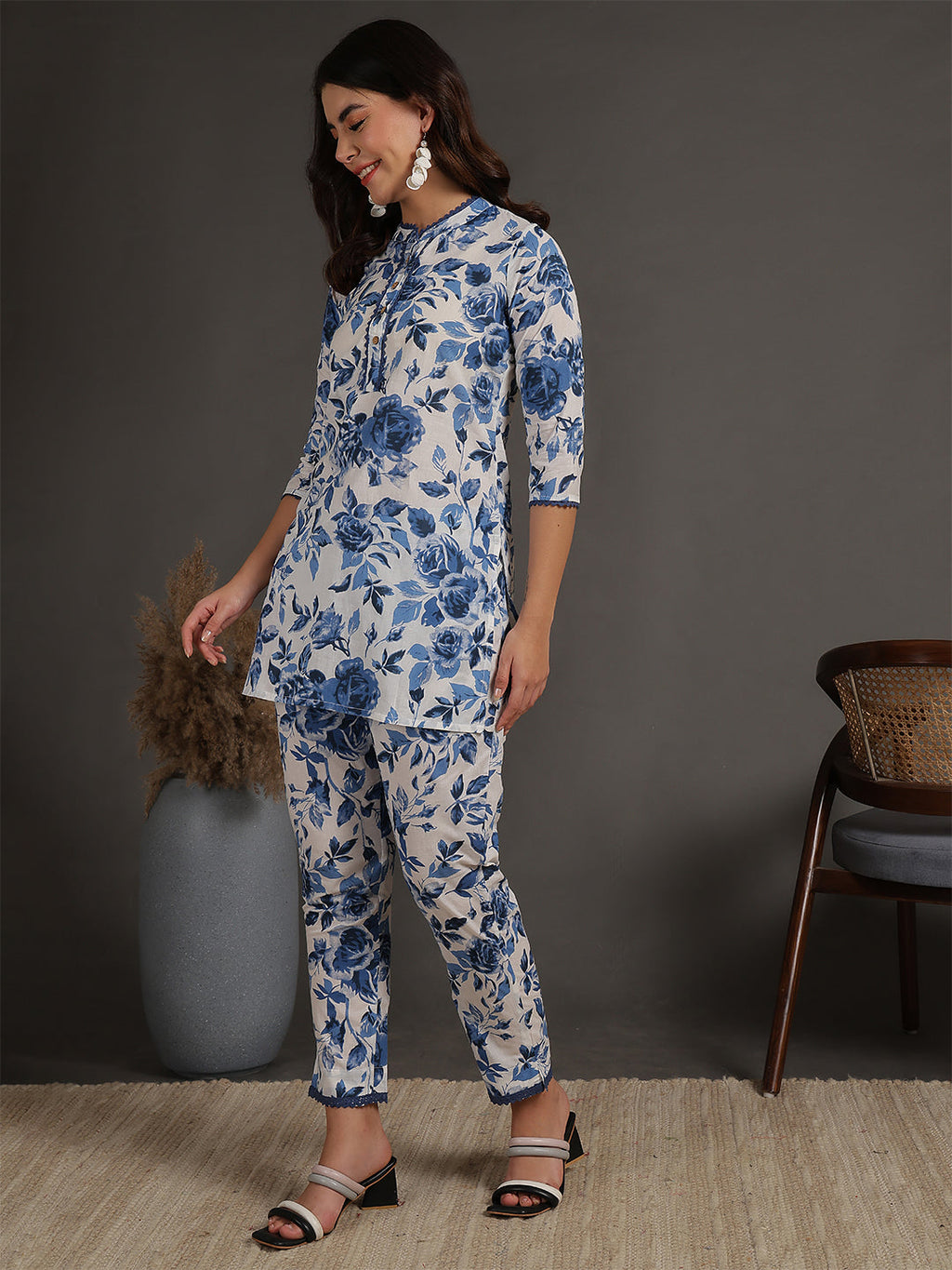 Antaran White Pure Cotton Printed Cord Set With Lace Detail | Grocsy