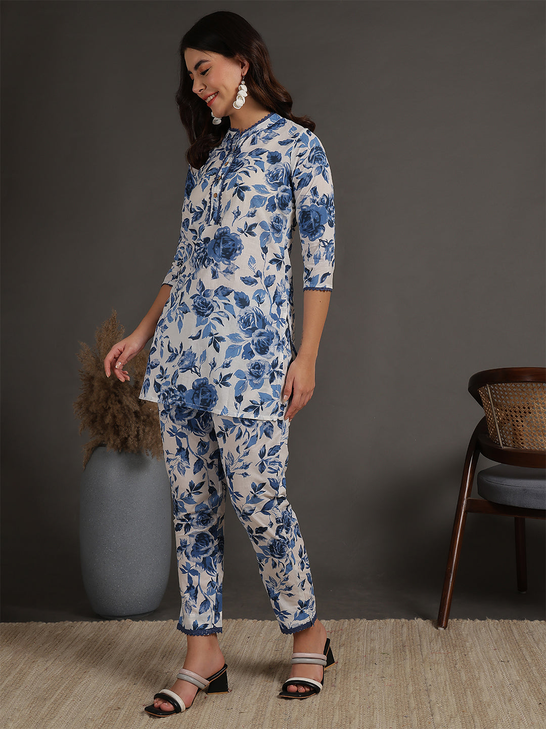 Antaran White Pure Cotton Printed Cord Set With Lace Detail | Grocsy