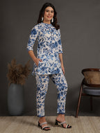 Antaran White Pure Cotton Printed Cord Set With Lace Detail | Grocsy