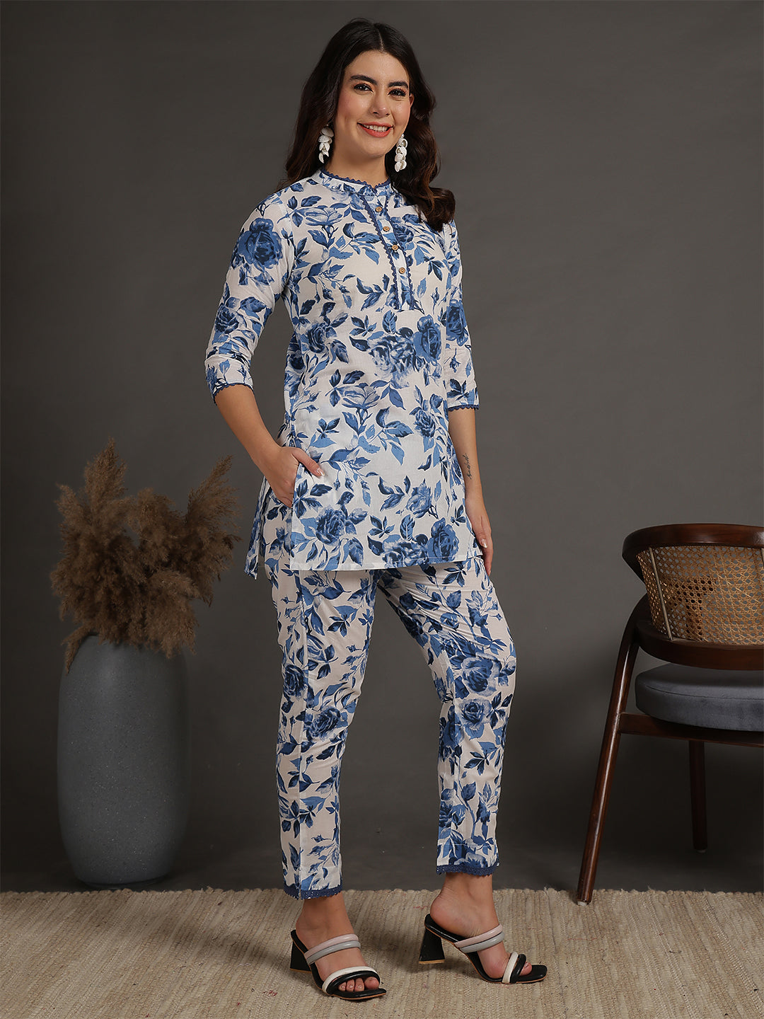 Antaran White Pure Cotton Printed Cord Set With Lace Detail | Grocsy