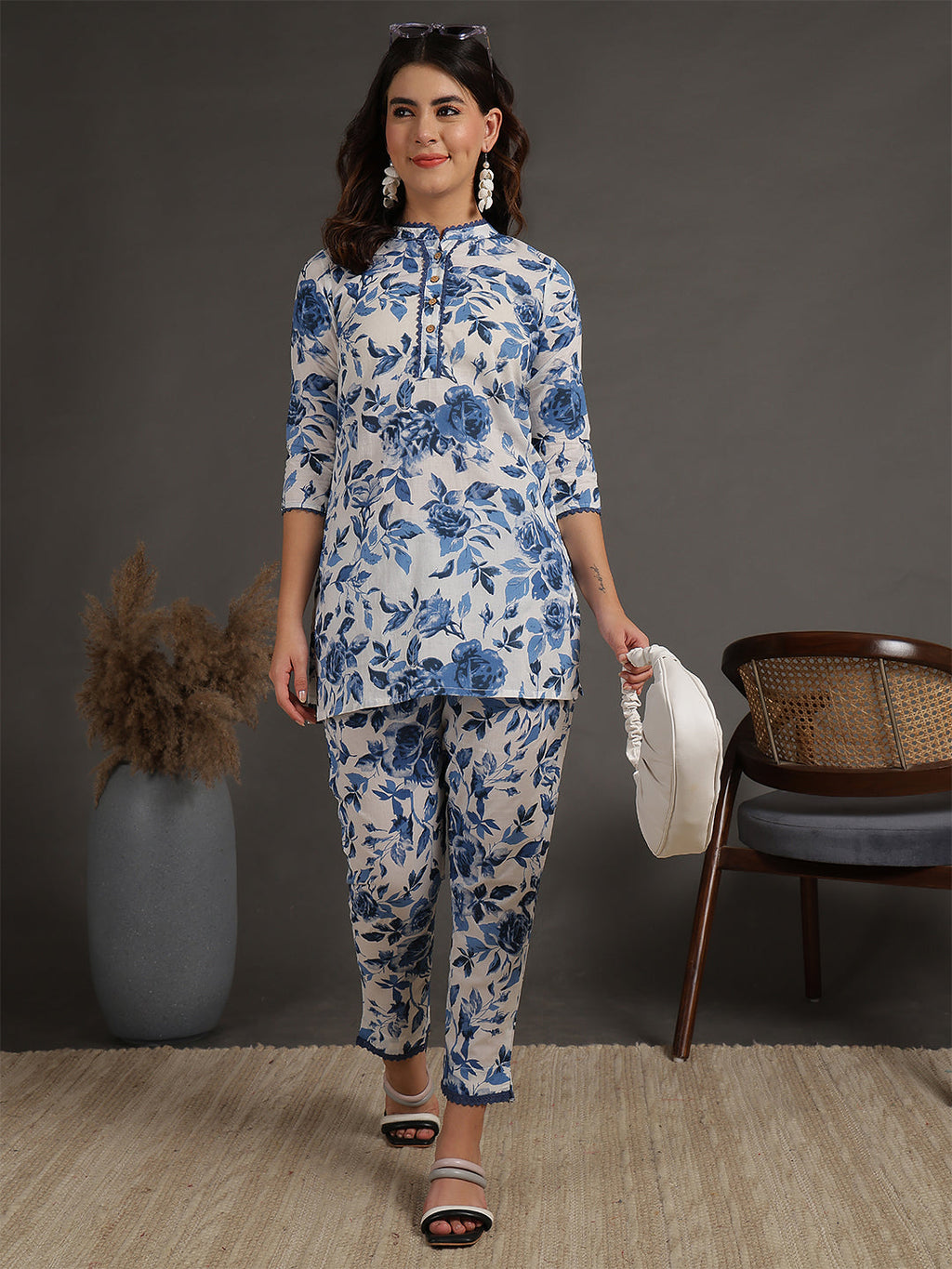 Antaran White Pure Cotton Printed Cord Set With Lace Detail | Grocsy