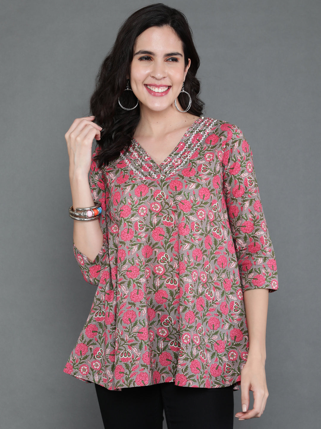 Antaran Grey Pure Cotton Embroidered Top | Grocsy