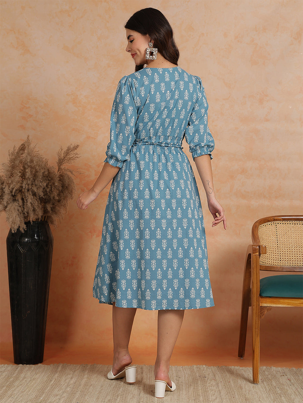 Antaran Blue Pure Cotton Printed Flared Dress | Grocsy