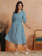 Antaran Blue Pure Cotton Printed Flared Dress | Grocsy