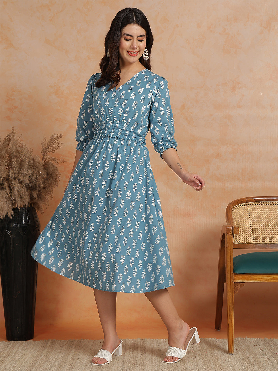 Antaran Blue Pure Cotton Printed Flared Dress | Grocsy