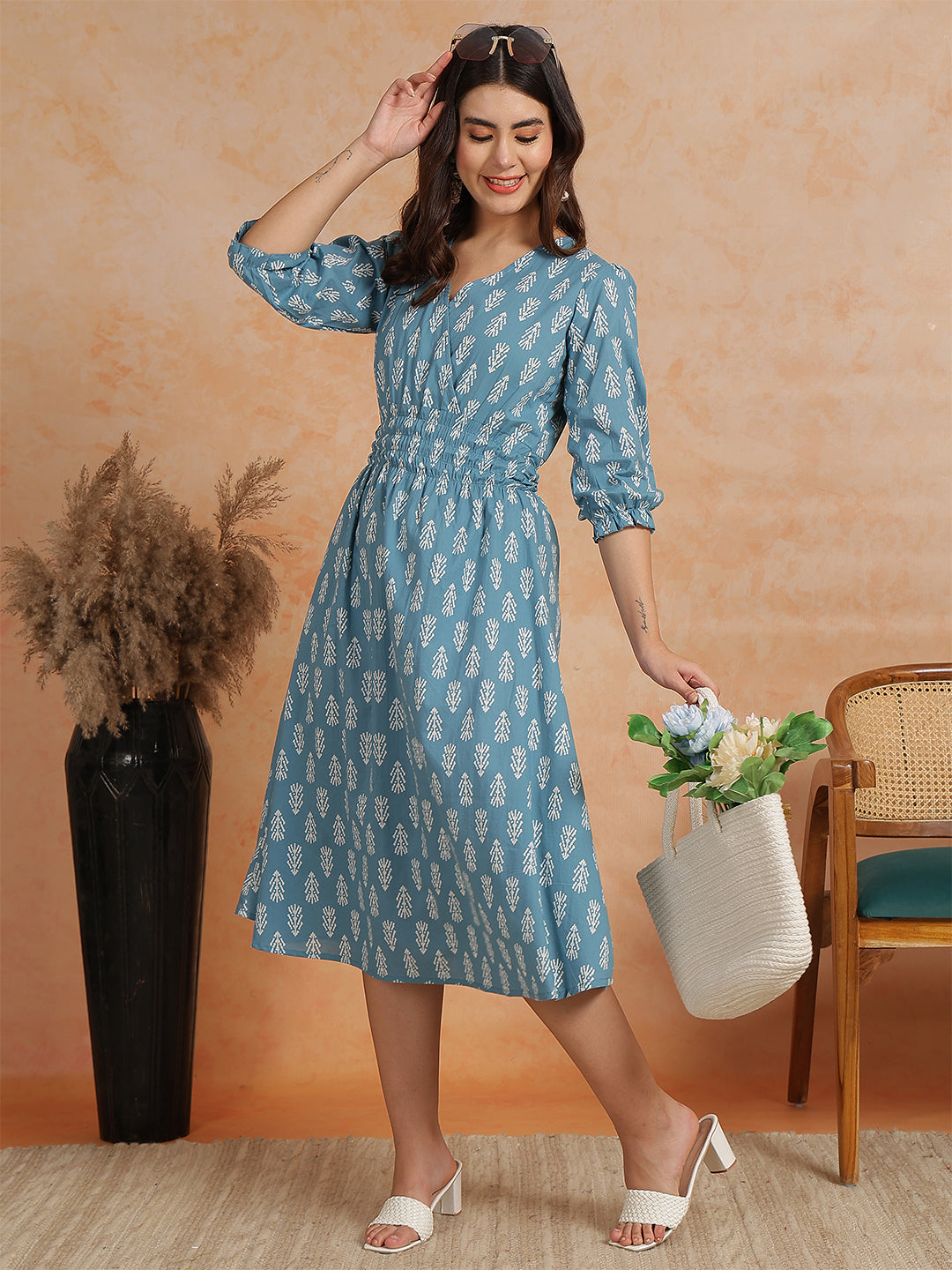 Antaran Blue Pure Cotton Printed Flared Dress | Grocsy