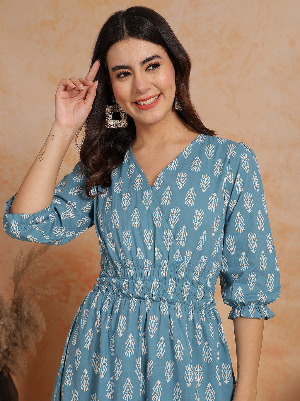 Antaran Blue Pure Cotton Printed Flared Dress | Grocsy