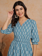 Antaran Blue Pure Cotton Printed Flared Dress | Grocsy