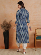 Antaran Blue Pure Cotton Printed Kurta With V Neck | Grocsy