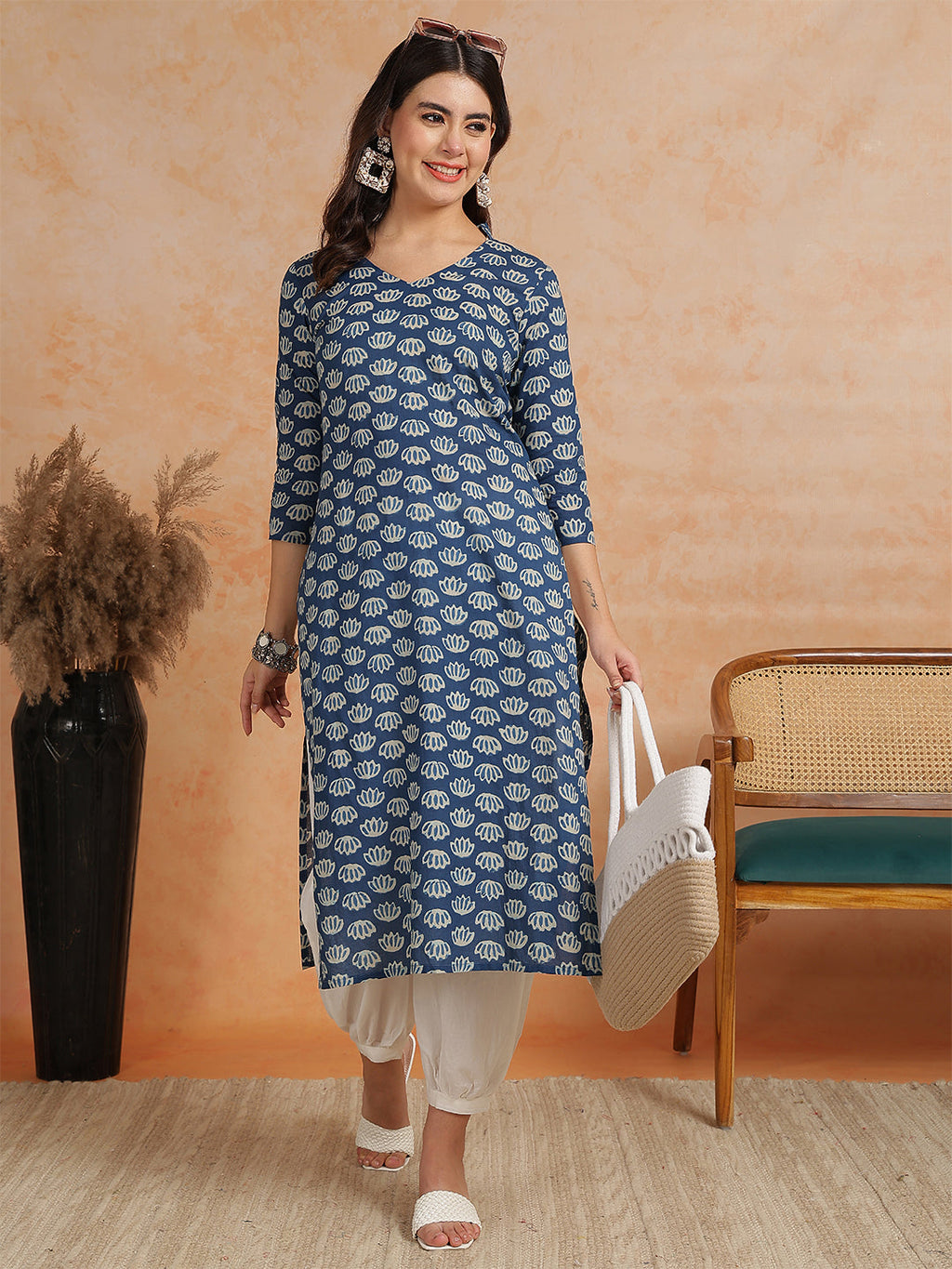 Antaran Blue Pure Cotton Printed Kurta With V Neck | Grocsy