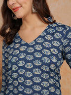 Antaran Blue Pure Cotton Printed Kurta With V Neck | Grocsy