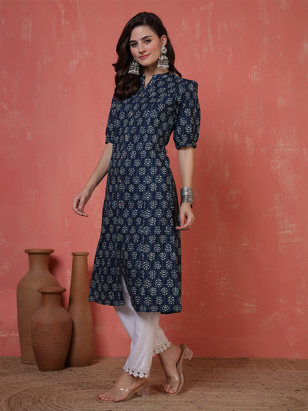 Antaran Blue Pure Cotton Front Buttoned Indigo Printed Kurta | Grocsy