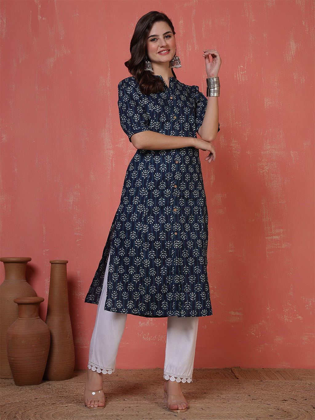 Antaran Blue Pure Cotton Front Buttoned Indigo Printed Kurta | Grocsy