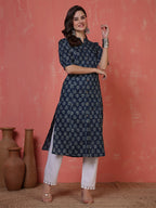 Antaran Blue Pure Cotton Front Buttoned Indigo Printed Kurta | Grocsy