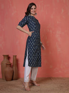 Antaran Blue Pure Cotton Front Buttoned Indigo Printed Kurta | Grocsy