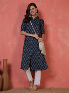 Antaran Blue Pure Cotton Front Buttoned Indigo Printed Kurta | Grocsy