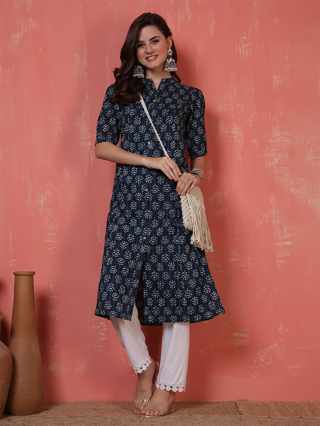 Antaran Blue Pure Cotton Front Buttoned Indigo Printed Kurta | Grocsy