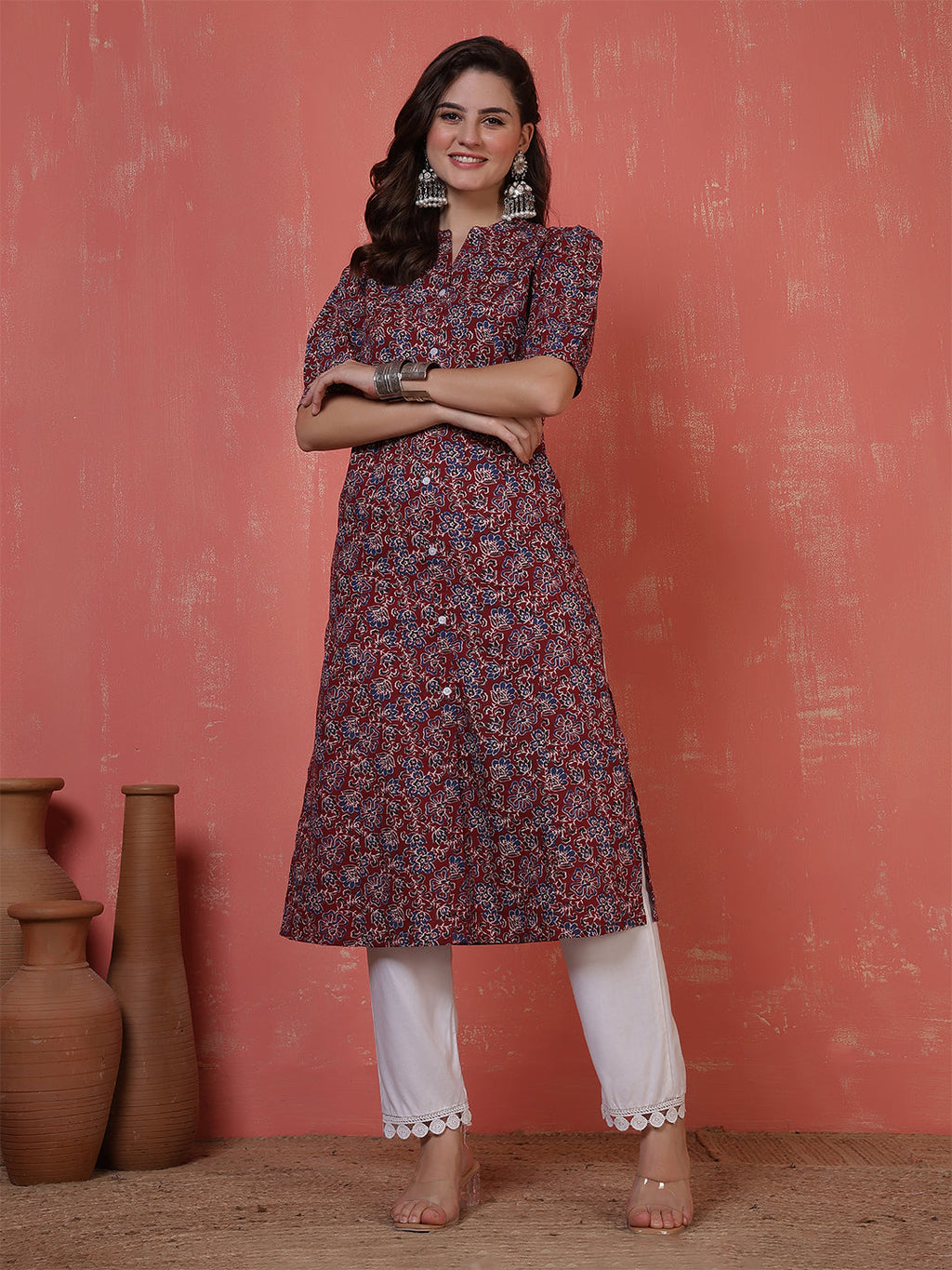 Antaran Maroon Pure Cotton Front Buttoned Printed Kurta | Grocsy