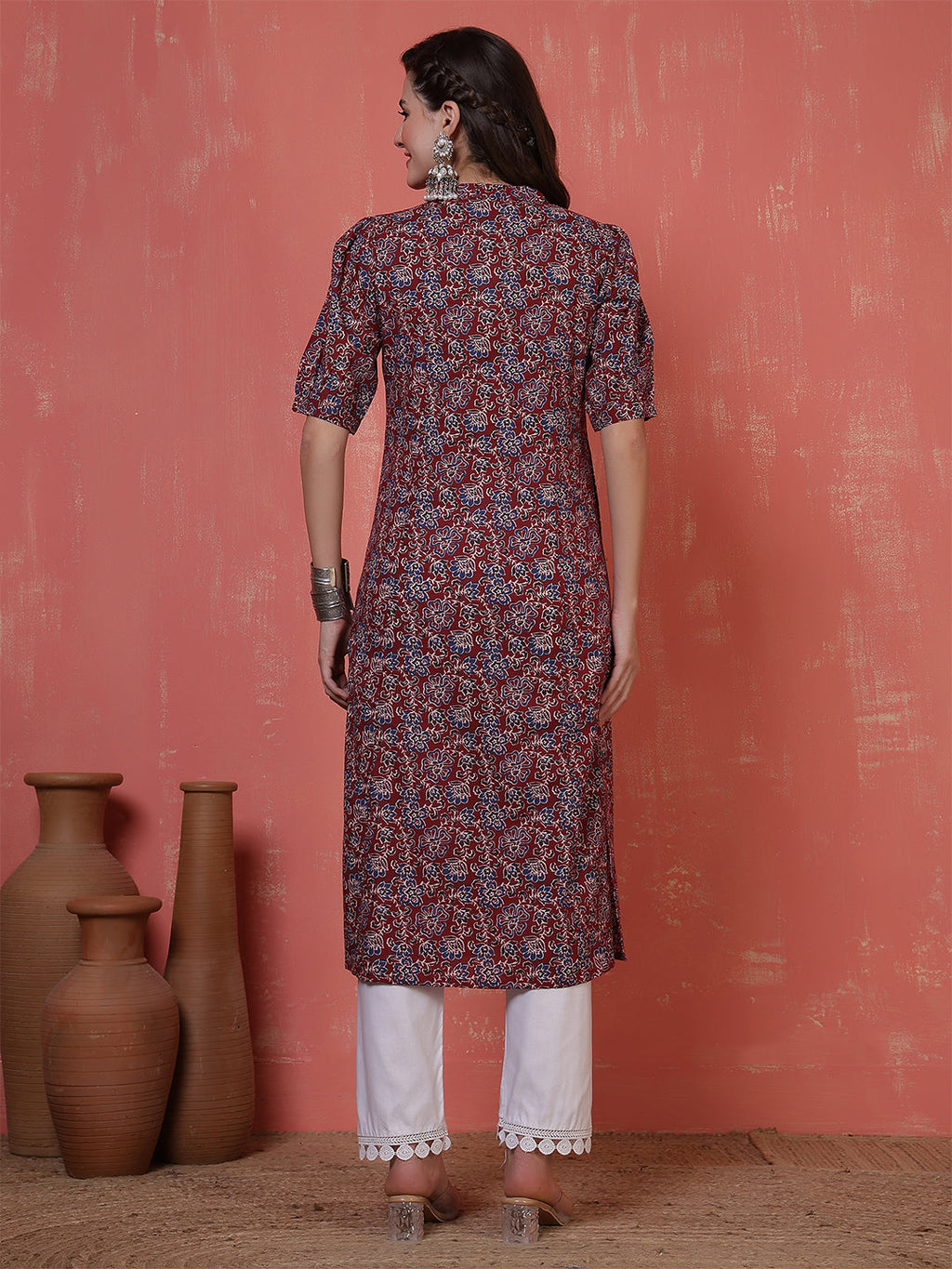 Antaran Maroon Pure Cotton Front Buttoned Printed Kurta | Grocsy